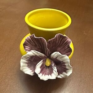 Anthropologie Yellow Vase with Purple & White Pansy